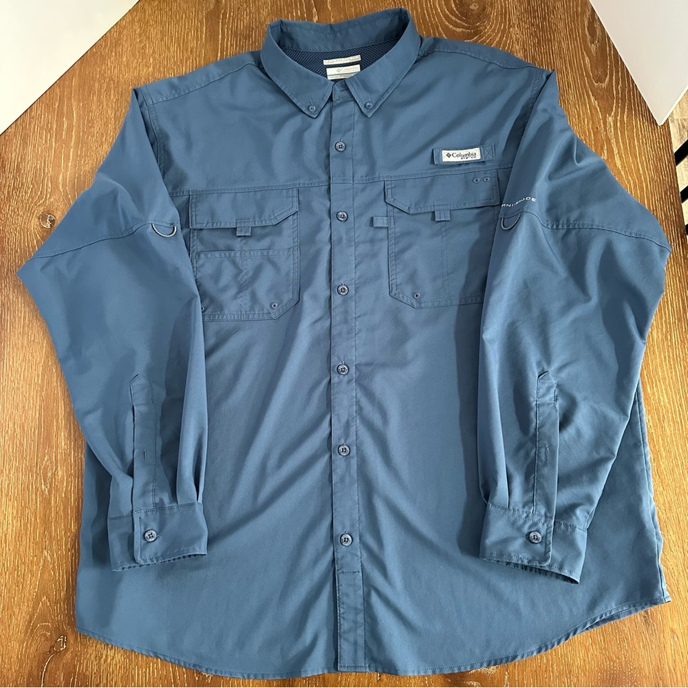 Columbia Omni-Shield PFG‎ Blood and Guts Blue Long Sleeve Vented Fishing Shirt